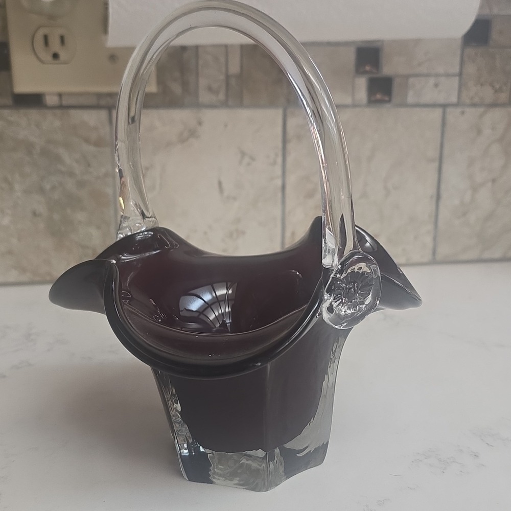 VTG Dark Ruby Red Hand Blown Glass Brides Bucket Clear Applied Handle